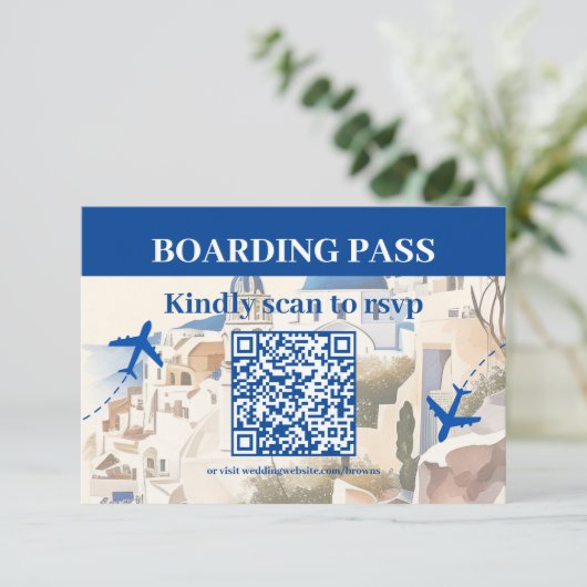 QR Code Waterverf Santorini Bestemmingsbruiloft RSVP Kaartje (Staand voorkant)