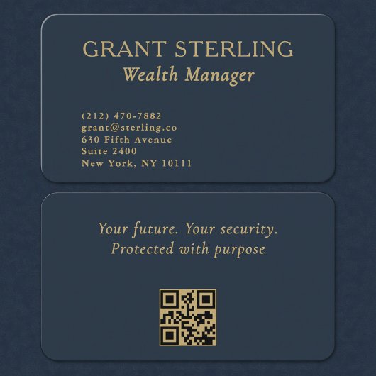 QR Code Wealth Manager Navy Blue Gold  Visitekaartje