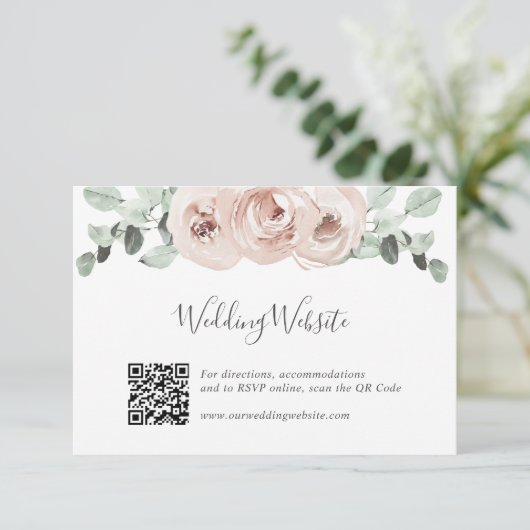 QR Code Website Floral Greenery Dusty Roos Weddens Informatiekaartje (Staand voorkant)