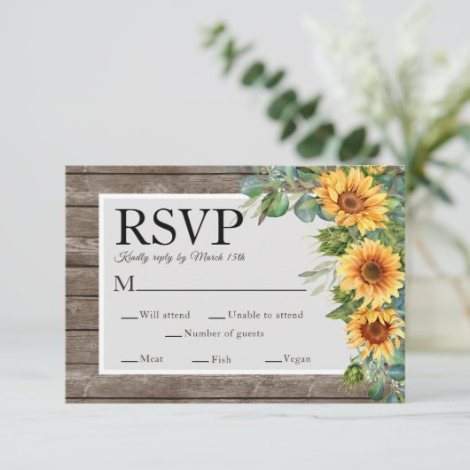 Qr Code Website Rustic Wood Sunflower RSVP Kaartje (Staand voorkant)