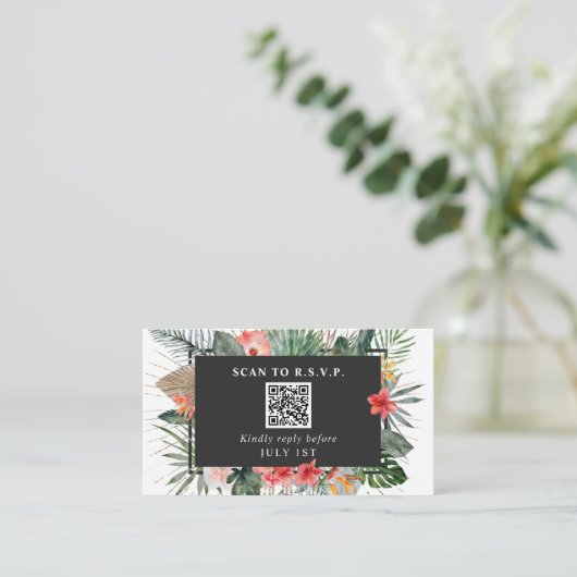 QR Code Weddenschap RSVP Tropische Floral Informatiekaartje (Staand voorkant)