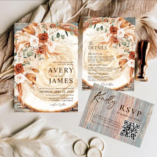 QR Code Wedding Invitation Boho Pampas Wood Slice  Kaart