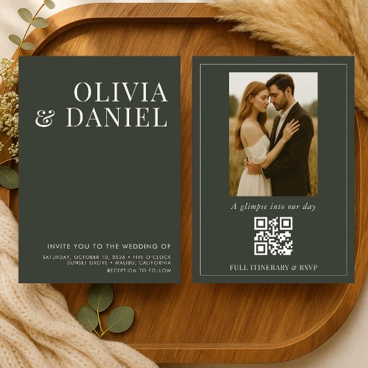 QR Code Wedding Olive Green Minimalist Photo Kaart