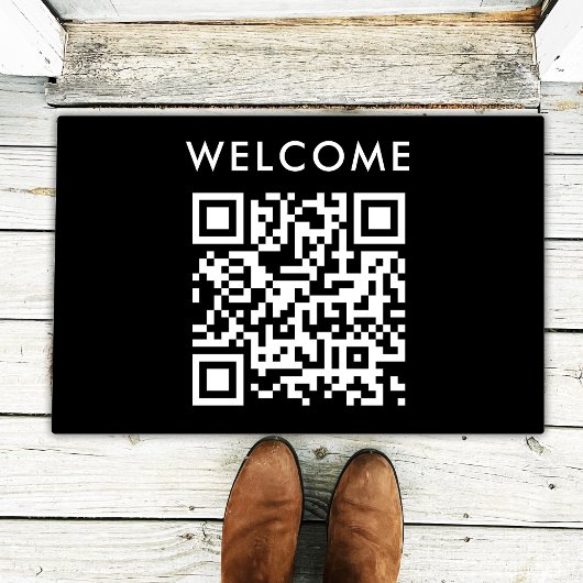 QR-code Welkom | Zwarte minimalistische eenvoudige Deurmat