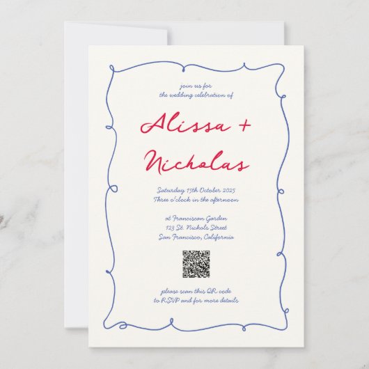 QR-code Whimsical Golvende Kleurrijke Monogram Bru Kaart (Voorkant)