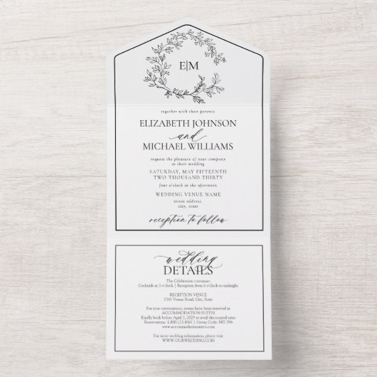 QR Code White Black Leafy Crest Monogram Weddensch All In One Uitnodiging (Binnen)