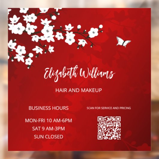 QR-code | White Cherry Blossom Red Raamsticker (Vel 2)