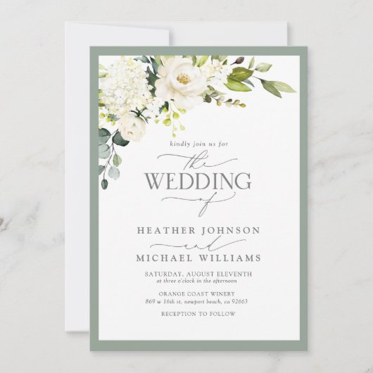 QR Code White Grey Green Floral Waterverf Weddensc Kaart (Voorkant)