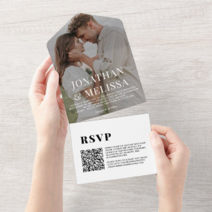 QR-code White Simple Overlay Photo Wedding All In One Uitnodiging