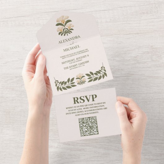 QR Code Wildbloemen Botanische Tuin Bruiloft All In One Uitnodiging (Afscheurbaar)