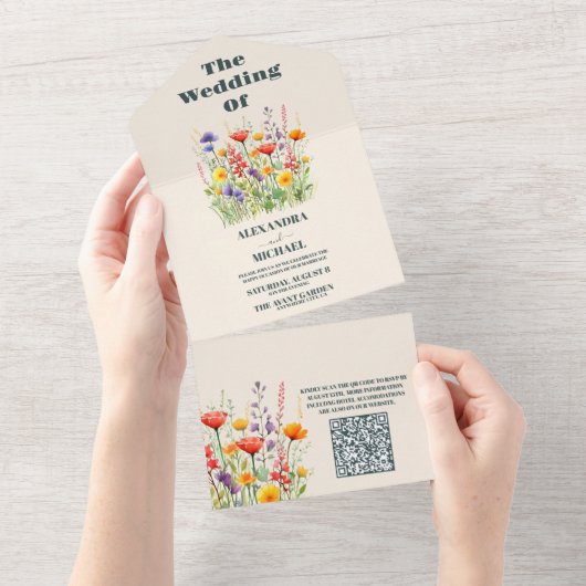 QR Code Wildflower Bruiloft Boho Land Bloemen All In One Uitnodiging (Afscheurbaar)