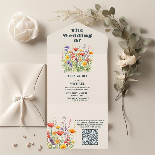 QR Code Wildflower Bruiloft Boho Land Bloemen All In One Uitnodiging