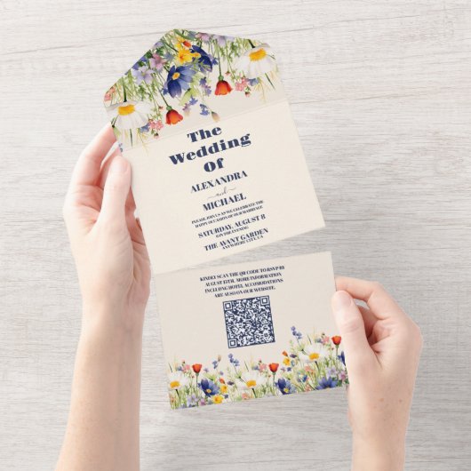 QR Code Wildflower Bruiloft Rustieke Bloemen All In One Uitnodiging (Afscheurbaar)