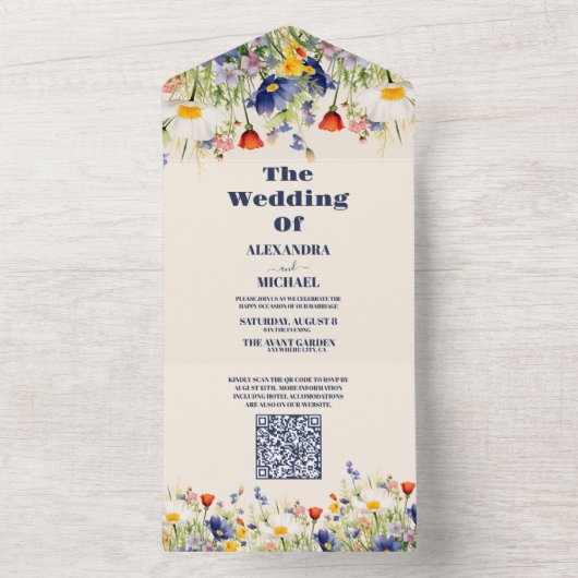 QR Code Wildflower Bruiloft Rustieke Bloemen All In One Uitnodiging (Binnen)