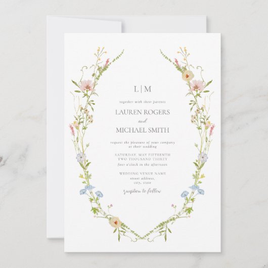 QR Code Wildflower Garden Monogram Bruiloft Kaart (Voorkant)