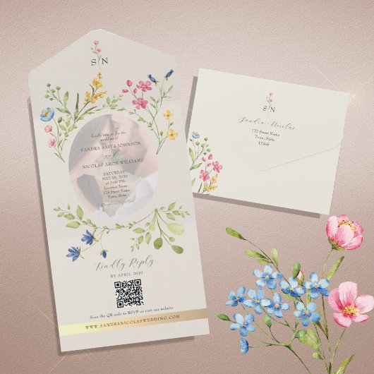 QR Code Wildflower Photo Wedding All In One Uitnodiging