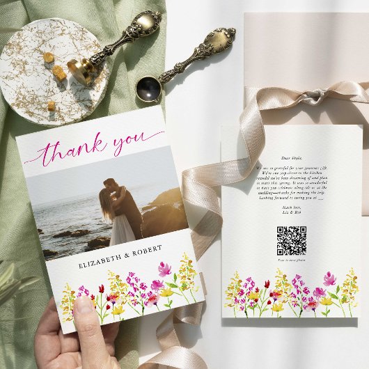 QR Code Wildflower Wedding Bloemen Script Spring Bedankkaart