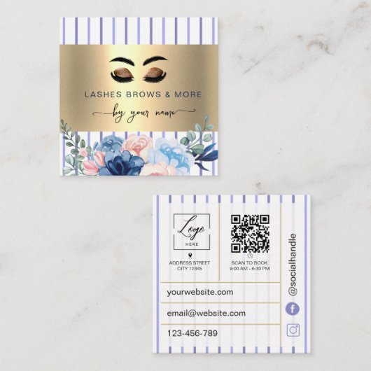 Qr Code Wimper Tech bloemstrepen Vierkante Visitekaartje (Voorkant / Achterkant)