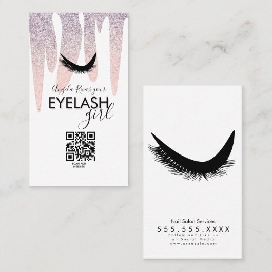 QR CODE Wimpers Meisjesachtig Roze Glitter Druppel Visitekaartje (Voorkant / Achterkant)
