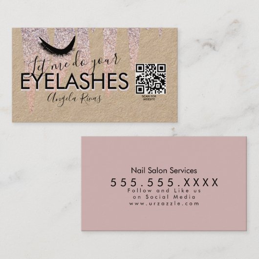 QR CODE Wimpers Roze Glitters Druppelend Rustiek Visitekaartje (Voorkant / Achterkant)