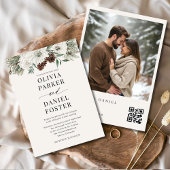 QR Code Winter Photo Elegant Evergreen Wedding Kaart