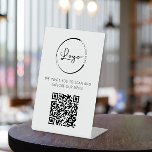 QR Code Wit Menu Logo Modern Restaurant Reclamebord Met Voetstuk