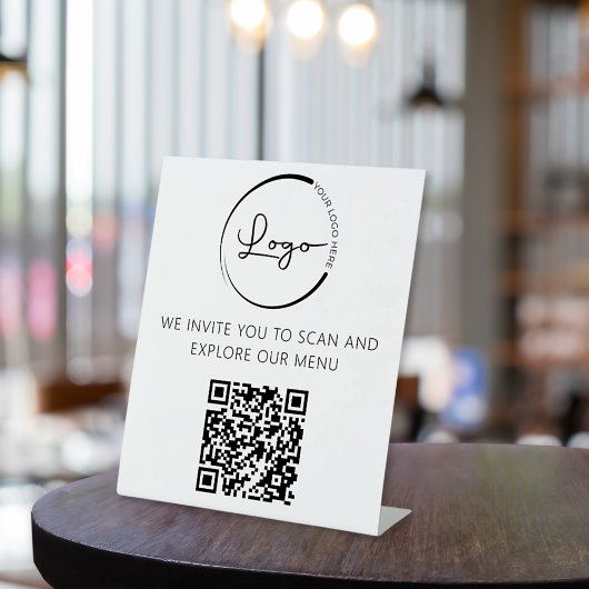 QR Code Wit Menu Logo Modern Restaurant Reclamebord Met Voetstuk
