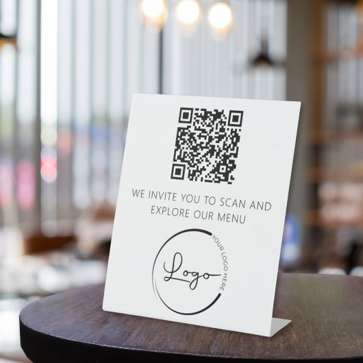 QR Code Wit Menu Logo Modern Restaurant Reclamebord Met Voetstuk