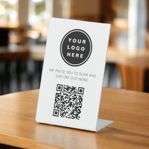 QR Code Wit Menu Logo Modern Restaurant Reclamebord Met Voetstuk