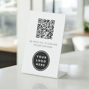 QR Code Wit Menu Logo Modern Restaurant Reclamebord Met Voetstuk