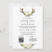 QR Code Witte Aquarel Bloemen Antlers Huwelijk Kaart (Voorkant)
