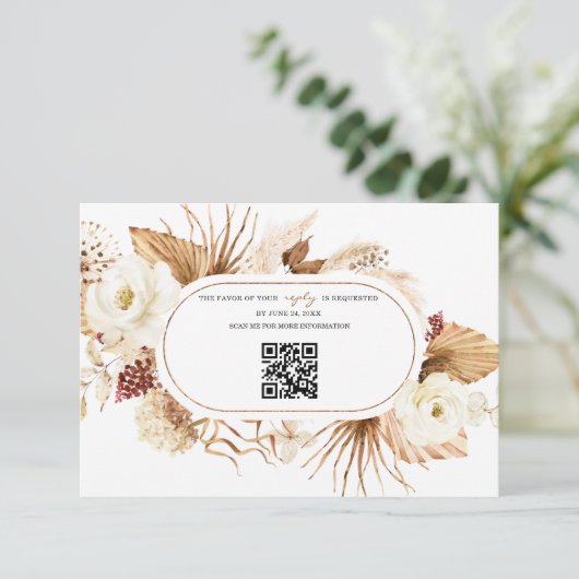 QR Code Witte Bloemen Pampas Gras Verjaardagsreact RSVP Kaartje (Staand voorkant)