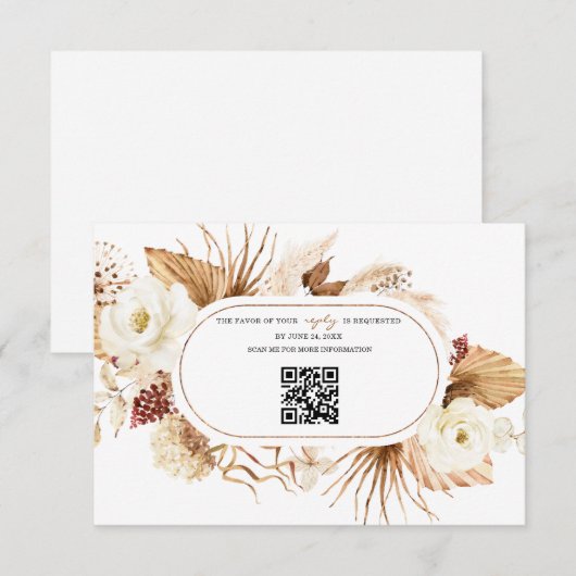 QR Code Witte Bloemen Pampas Gras Verjaardagsreact RSVP Kaartje (Voorkant / Achterkant)
