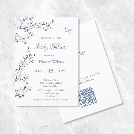QR-code | Witte kersenbloesem Baby shower Kaart