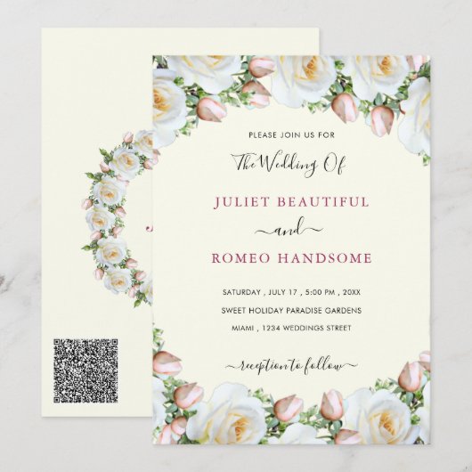 QR Code Witte Rozen Huwelijksuitnodiging Template (Voorkant / Achterkant)