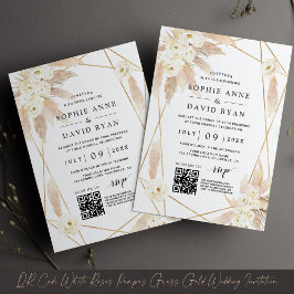 QR Code Witte Rozen Pampas Gras Gouden Bruiloft Kaart