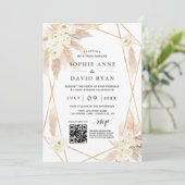 QR Code Witte Rozen Pampas Gras Gouden Bruiloft  Kaart (Staand voorkant)