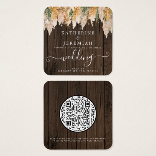 QR Code Wood Pampas Grass Weddenschap Vierkante Visitekaartjes (Voorkant /achterkant)