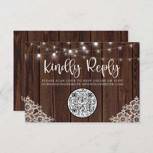 QR Code Wood String Lights Lace Weddenschap RSVP (Voorkant / Achterkant)