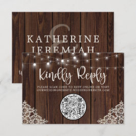 QR Code Wood String Lights Lace Weddenschap RSVP Kaartje