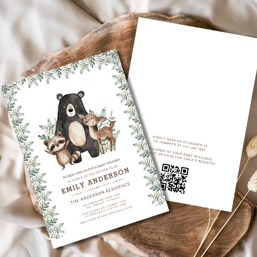 QR Code Woodland Forest Animals Baby shower Kaart