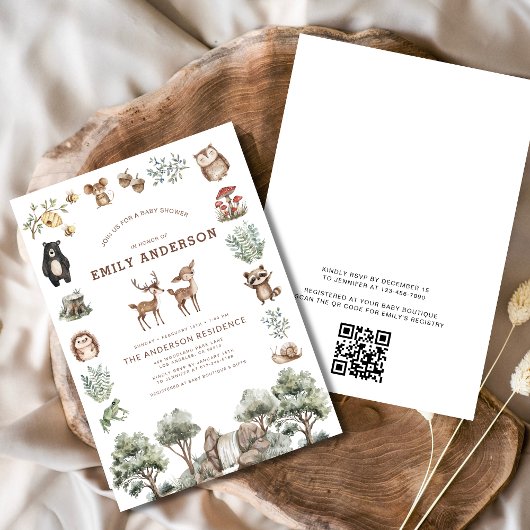QR Code Woodland Forest Animals Baby shower Kaart