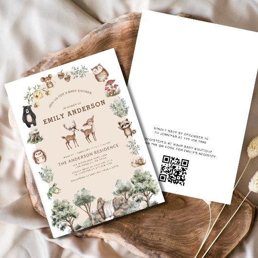 QR Code Woodland Forest Animals Baby shower Kaart