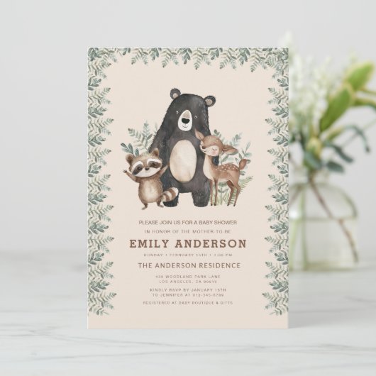 QR Code Woodland Forest Animals Baby shower Kaart (Staand voorkant)