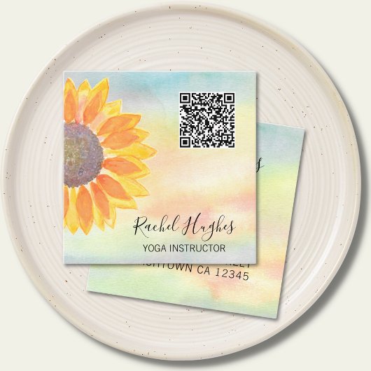 QR Code Yoga Instructor Sunflower Waterverf Vierkante Visitekaartje