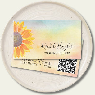 QR Code Yoga Instructor Sunflower Waterverf Visitekaartje