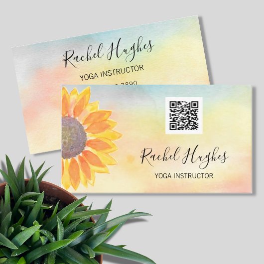 QR Code Yoga Instructor Sunflower Waterverf Visitekaartje