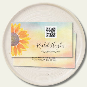 QR Code Yoga Instructor Sunflower Waterverf Visitekaartje