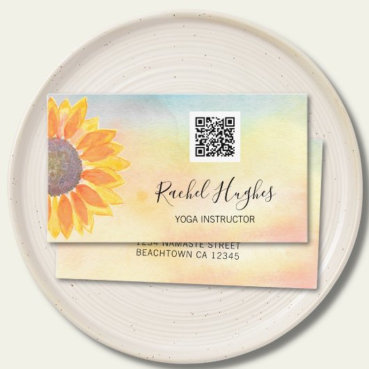 QR Code Yoga Instructor Sunflower Waterverf Visitekaartje