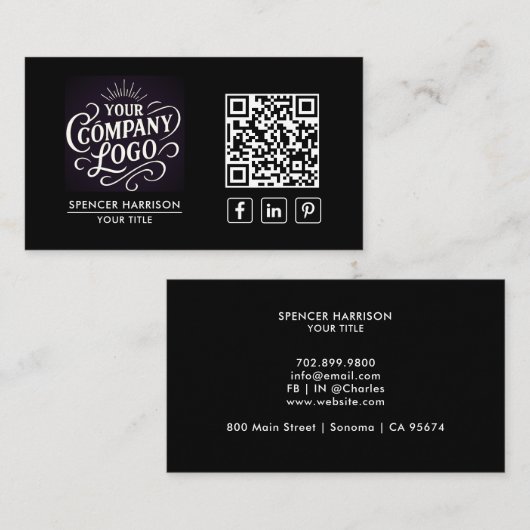 QR-code Zakelijk Logo Modern Professioneel Zwart Visitekaartje (Voorkant / Achterkant)